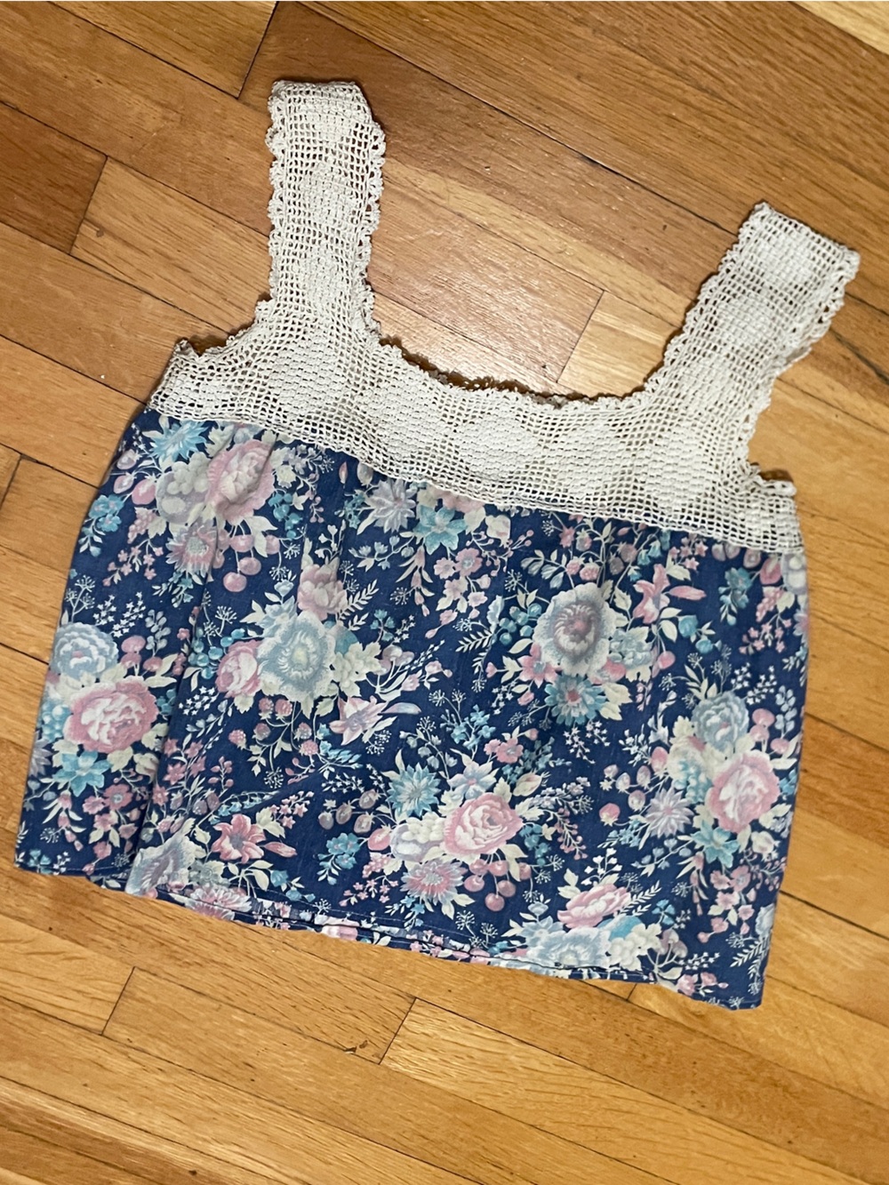 Handmade Floral Blue Crop Top with Crochet Yoke